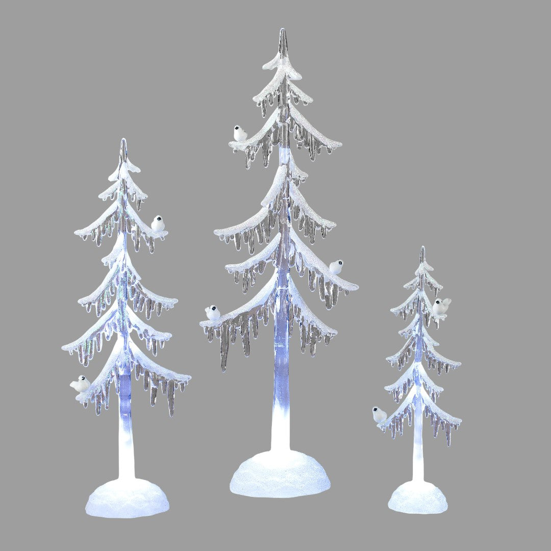 Deko Baum mit Vogel und Schnee-Dekor Acryl mit Licht | Winterdeko