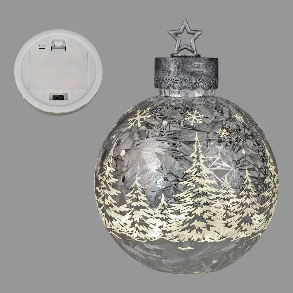 Deko-Kugel Silber-Frosty – 32 cm mit LED-Licht und Timer | Winter Hänge Deko von Wimpelberg