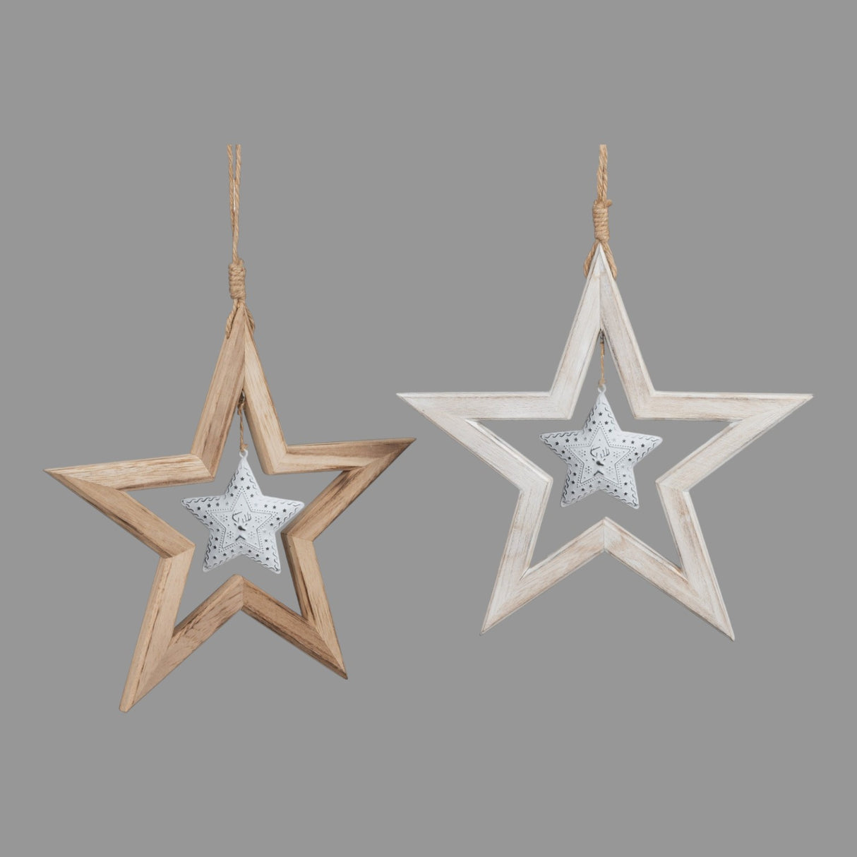 Hänger Stern Natur + Weiß – 24 cm aus Holz mit Metall-Stern | Winter Hänge Deko von Wimpelberg
