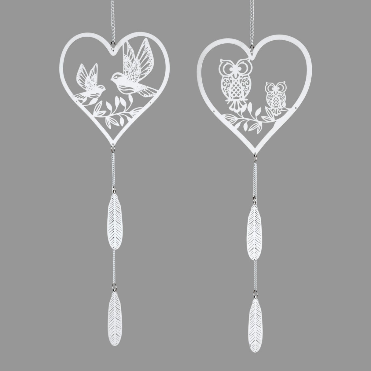 Hänger Herz mit Vögeln + Eulen – 18x48 cm/weißem Metall | Deko hängend Herbst von Wimpelberg