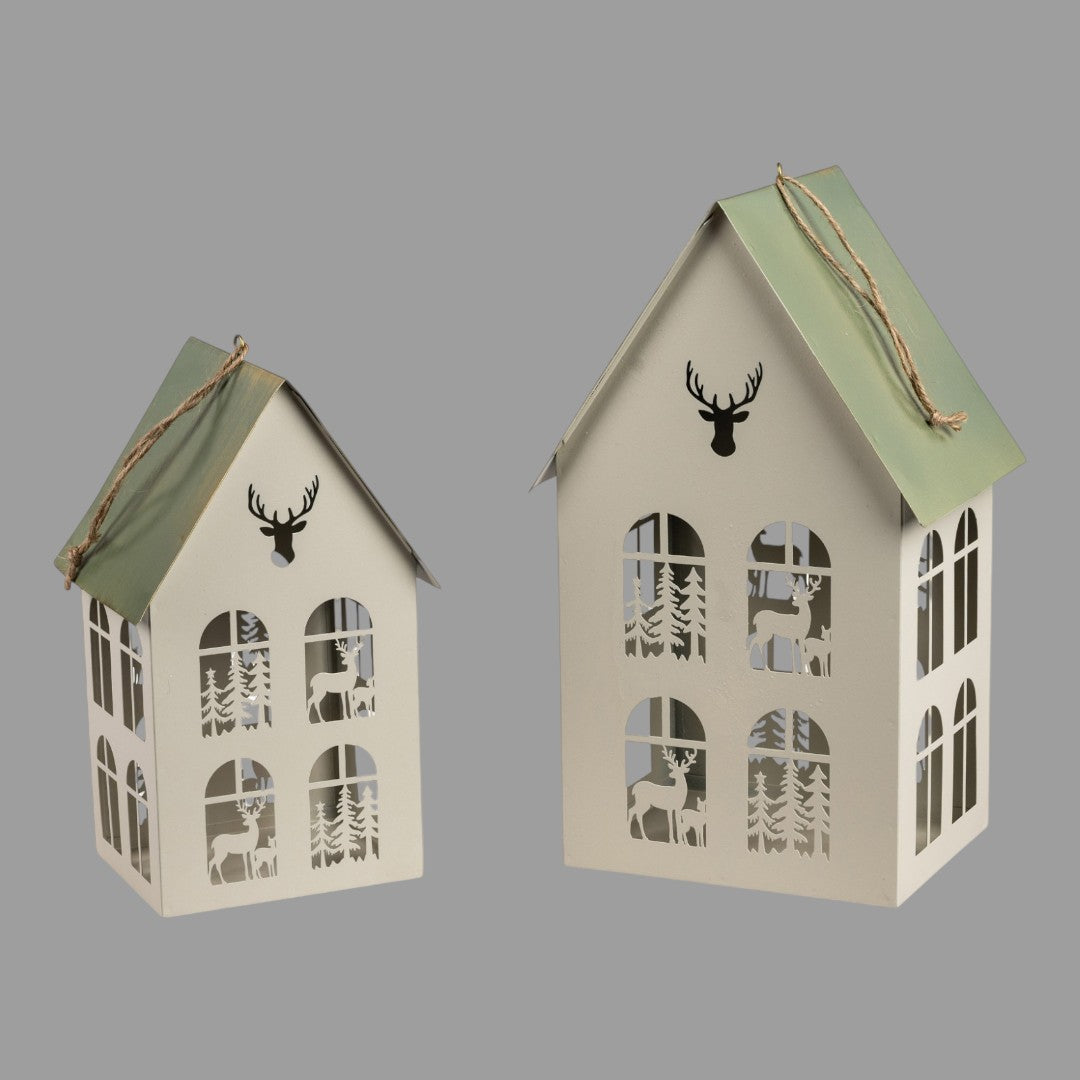 Formano Windlicht Haus Creme-Grün – Metall mit Durchbruch | Dekoobjekt Haus von Wimpelberg