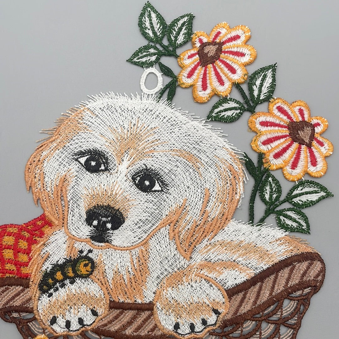 Fensterbild Hund im Korb | Fensterdekoration von Wimpelberg