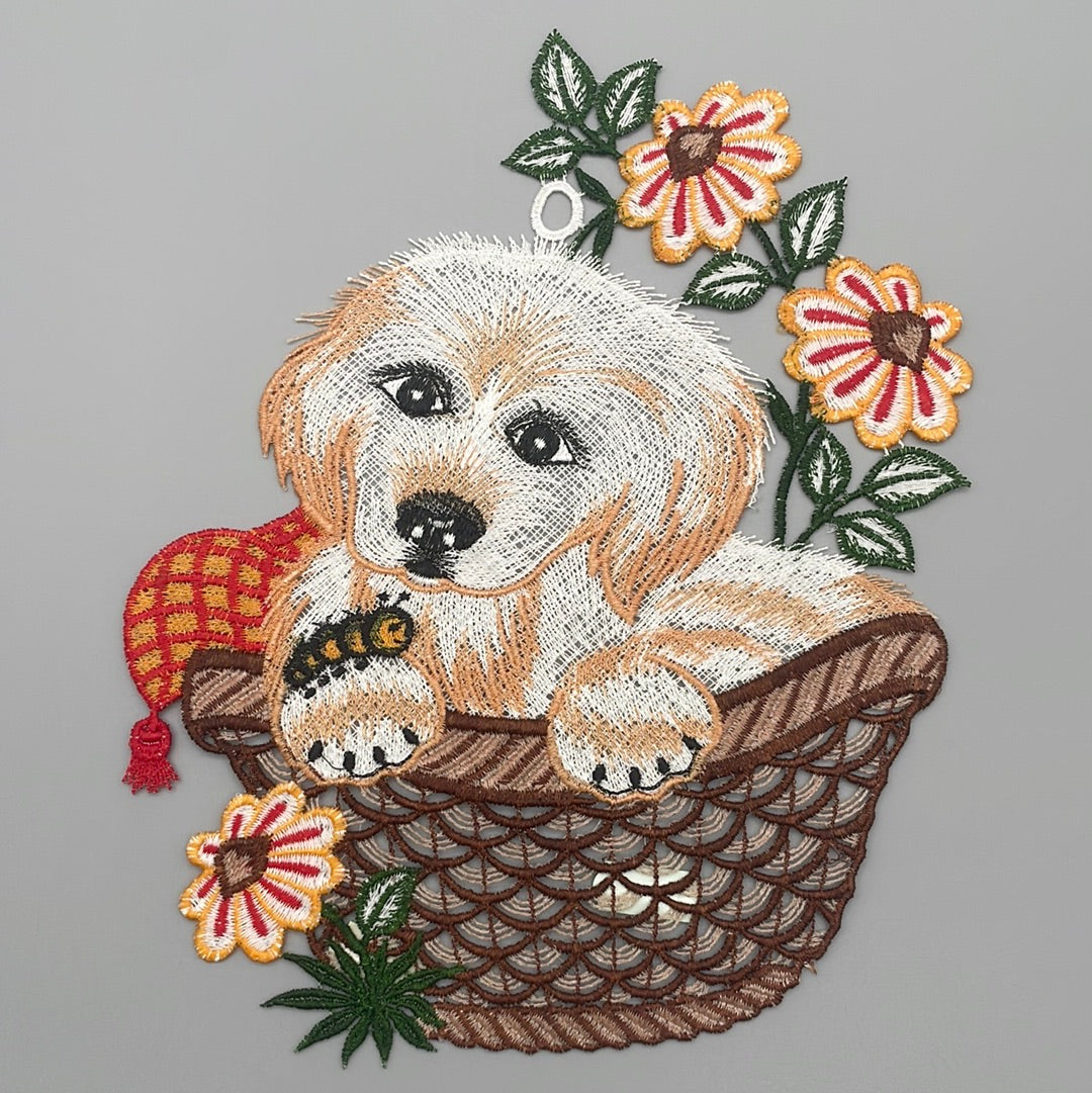 Fensterbild Hund im Korb | Fensterdekoration von Wimpelberg