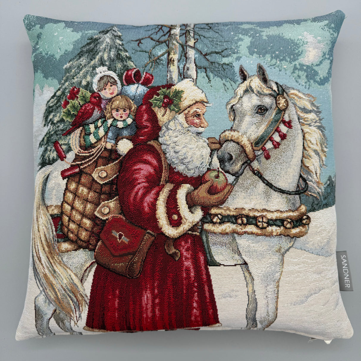 Kissenhülle "Santa-Santa-Pferd" und "Santa-Santa-Esel" 45x45 cm – Gobelin Weihnachten von Wimpelberg