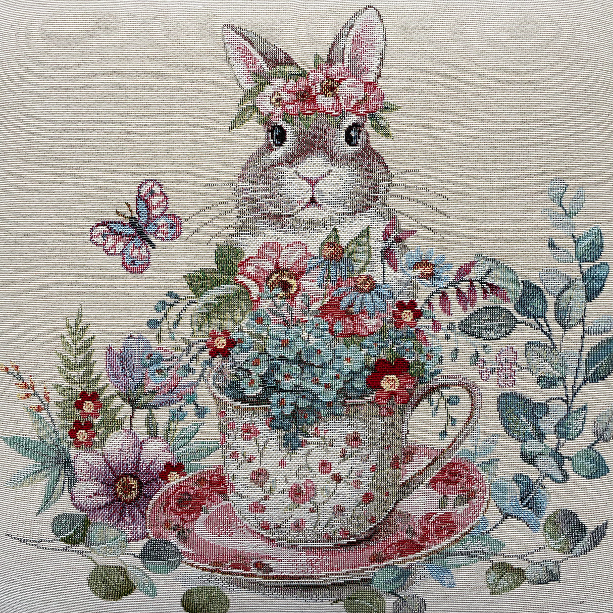 Kissenhülle Hase mit Blumen und Tasse Gobelin - 45x45cm | Kissenhülle für Ostern von Wimpelberg