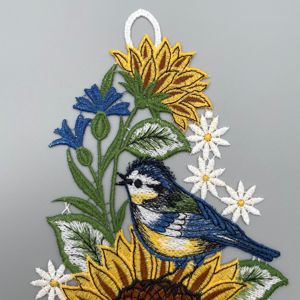 Fensterbild Sonnenblume mit Meise | Plauener Spitze | Fensterdekoration von Wimpelberg