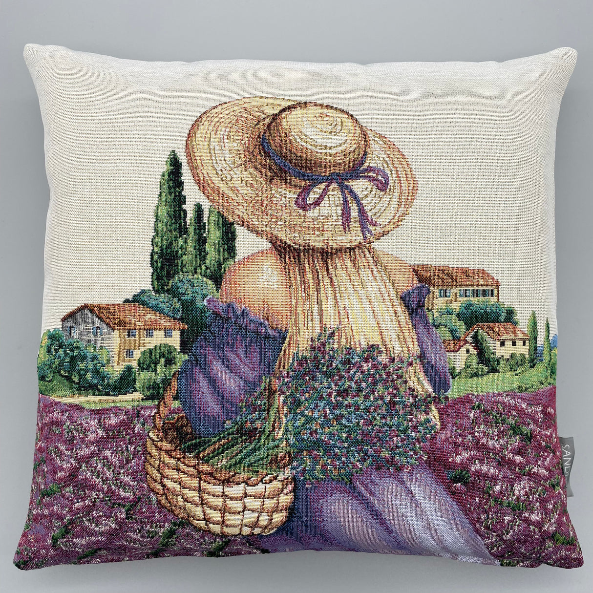 Kissenhülle Gobelin "Provence Strohhut" 45x45cm | Kissenbezug Frühling von Wimpelberg