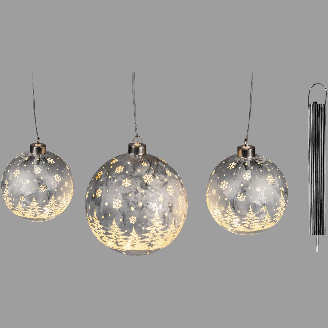 Formano LED-Deko-Kugel „FROSTY WINTERWALD“ – Silber, zum Aufhängen, mit Timer