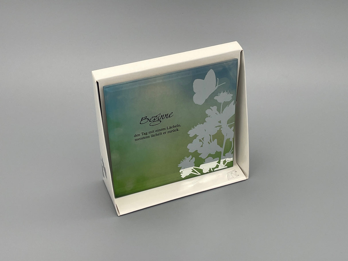 Glasplatte mit unterschiedlichen Sprüchen „Lächeln“ von Wimpelberg