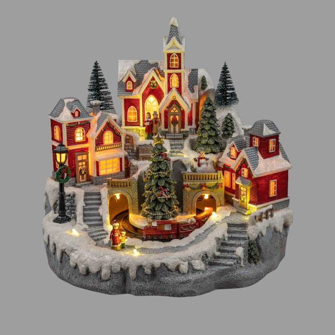 Deko Spieluhr Winterlandschaft – 28x28 cm mit LED-Licht und drehbarer Eisenbahn