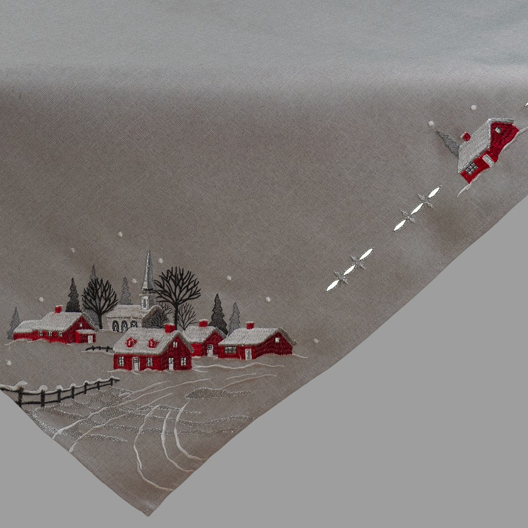 Deckenset „Dorf mit Kirche“ – Stickerei, rot/grau | Winterdecke