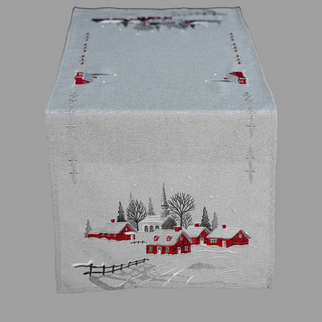 Deckenset „Dorf mit Kirche“ – Stickerei, rot/grau | Winterdecke
