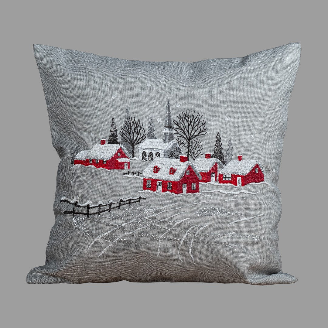 Kissenhülle Winter „Dorf mit Kirche“ – 40x40 cm, Stickerei | Deko Tisch