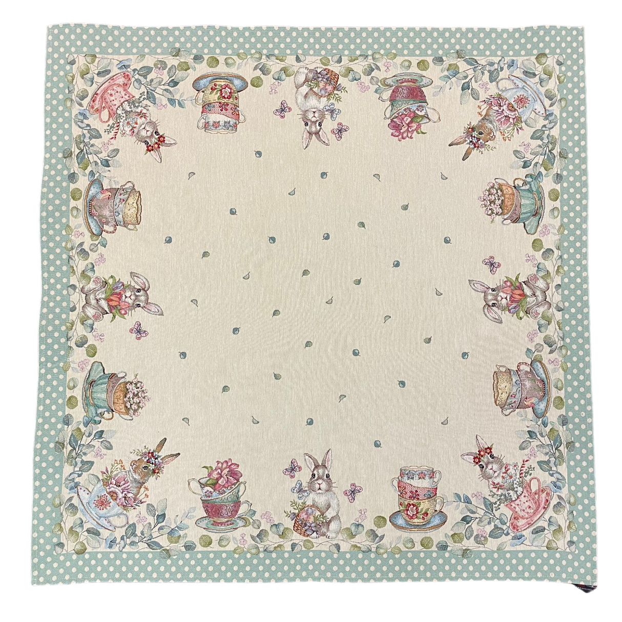 Decke Hase Blumen und Tasse mit schmalem Saum Gobelin Hase grün | Tischdecke Ostern 100x100cm von Wimpelberg