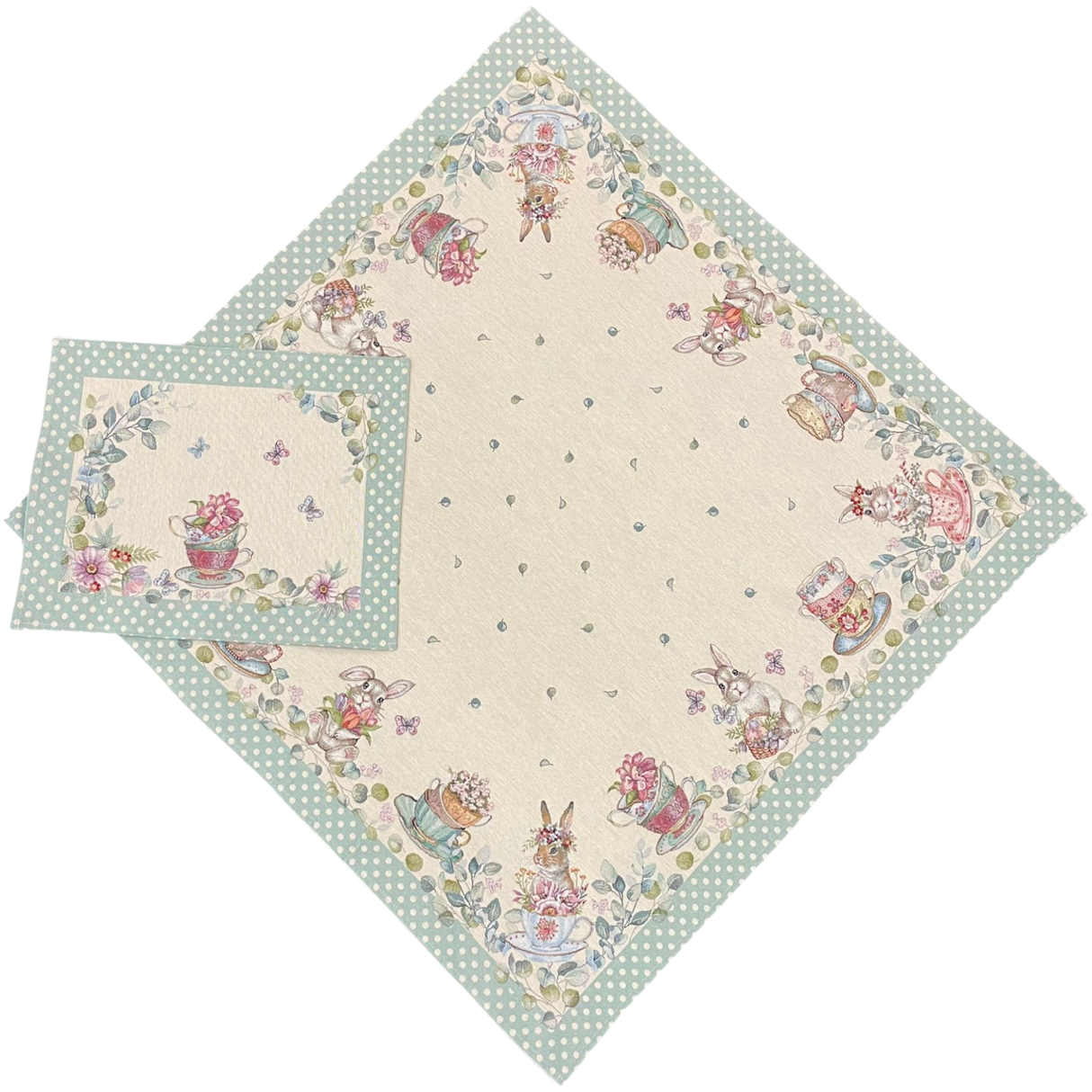 Decke Hase Blumen und Tasse mit schmalem Saum Gobelin Hase grün | Tischdecke Ostern von Wimpelberg