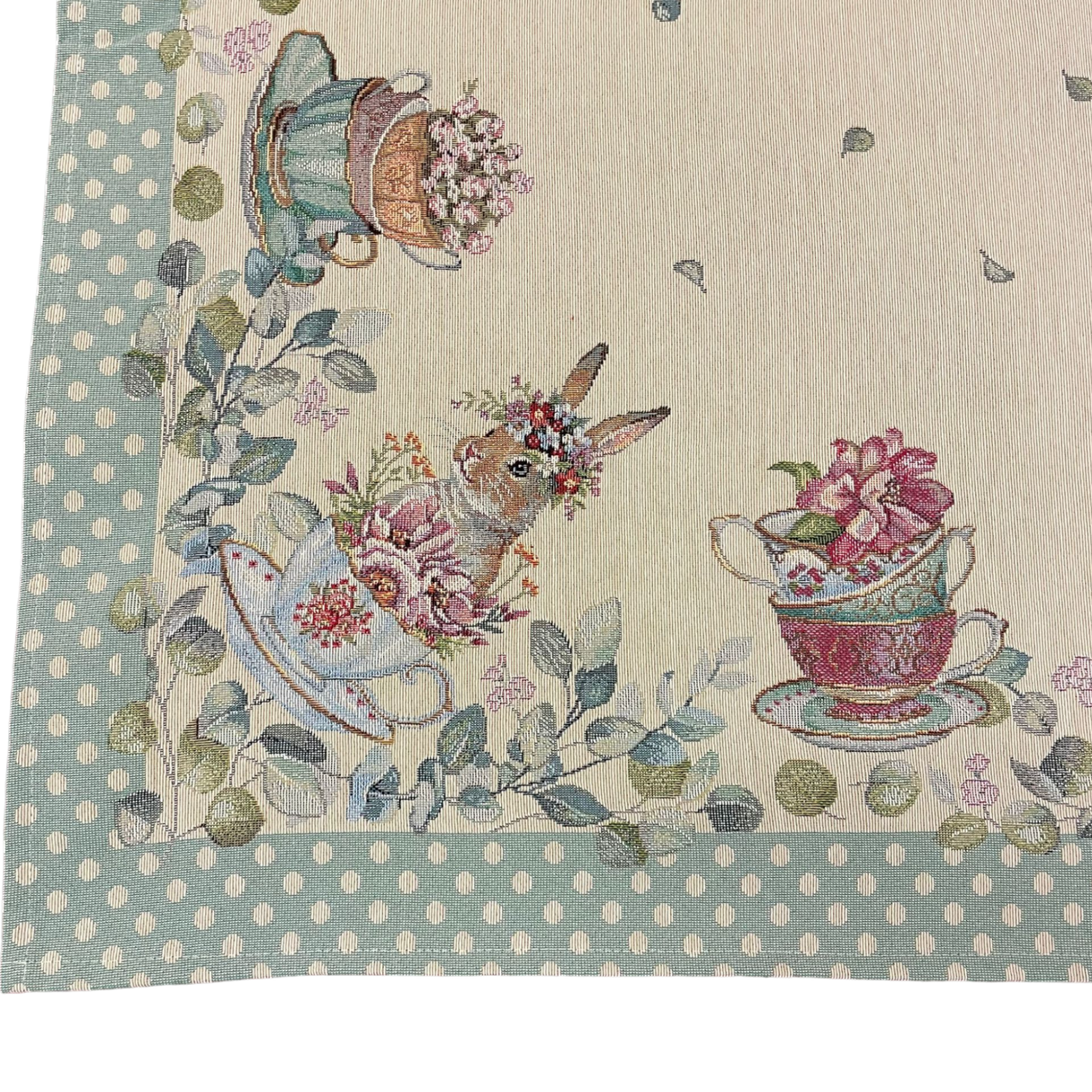 Decke Hase Blumen und Tasse mit schmalem Saum Gobelin Hase grün | Tischdecke Ostern von Wimpelberg