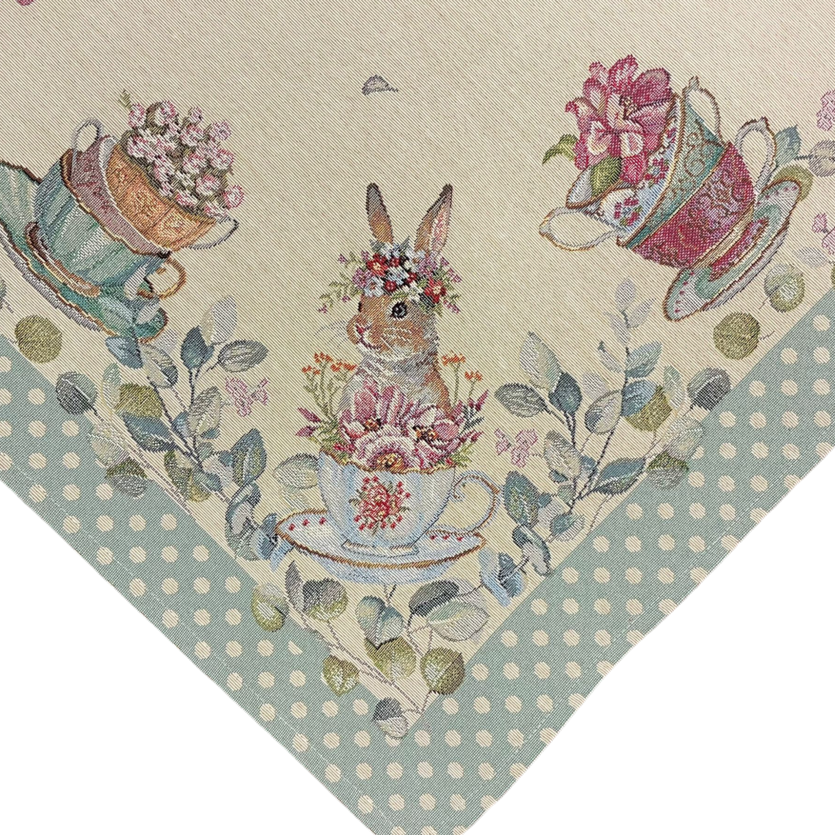 Decke Hase Blumen und Tasse mit schmalem Saum Gobelin Hase grün | Tischdecke Ostern von Wimpelberg