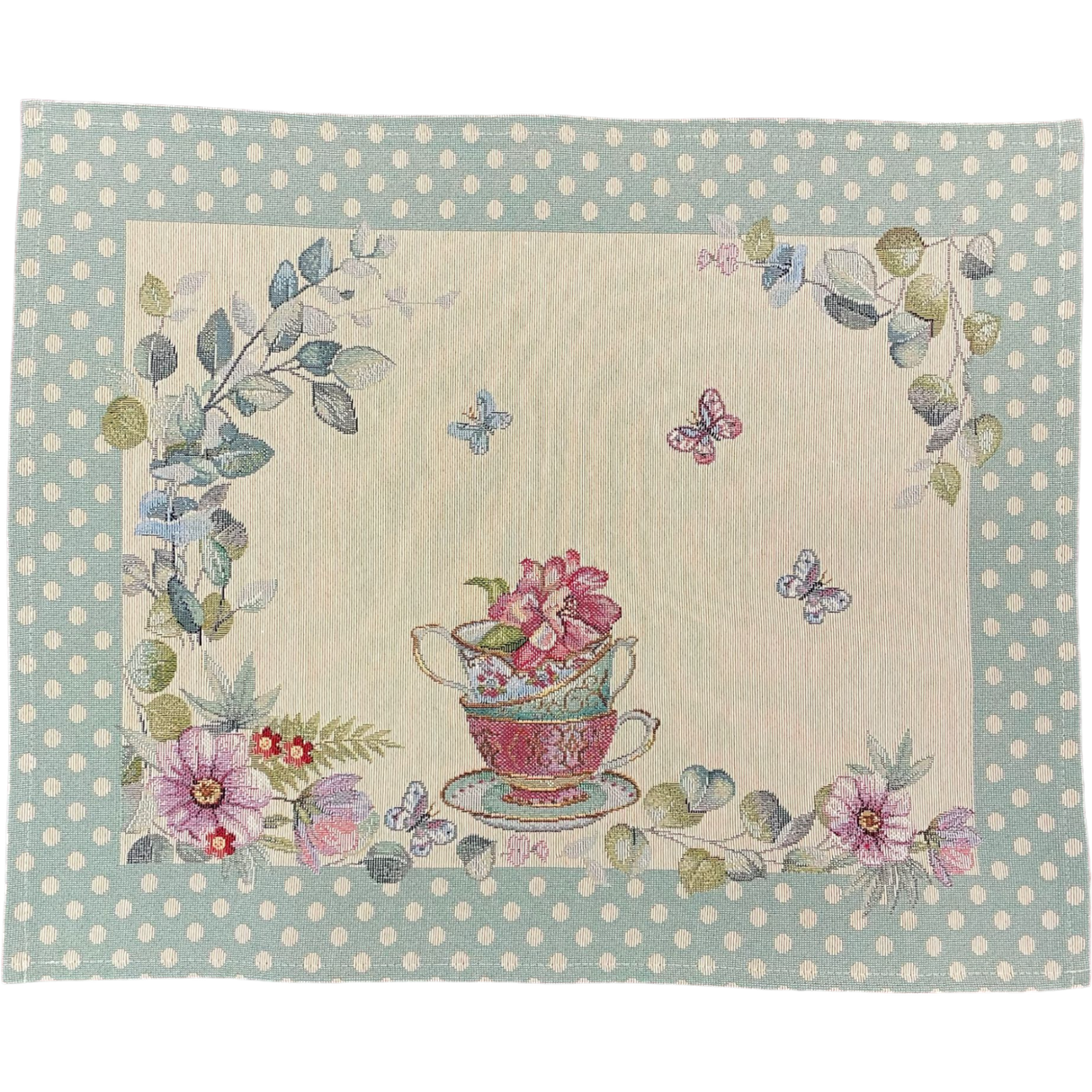 Decke Hase Blumen und Tasse mit schmalem Saum Gobelin Hase grün | Tischdecke Ostern 38x48cm von Wimpelberg