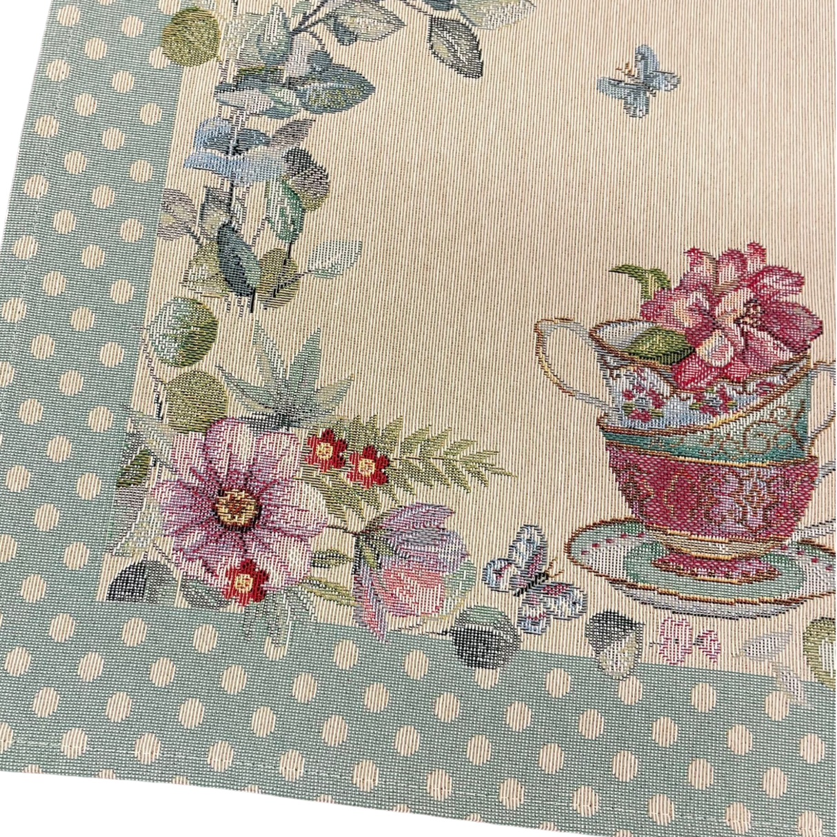 Decke Hase Blumen und Tasse mit schmalem Saum Gobelin Hase grün | Tischdecke Ostern von Wimpelberg