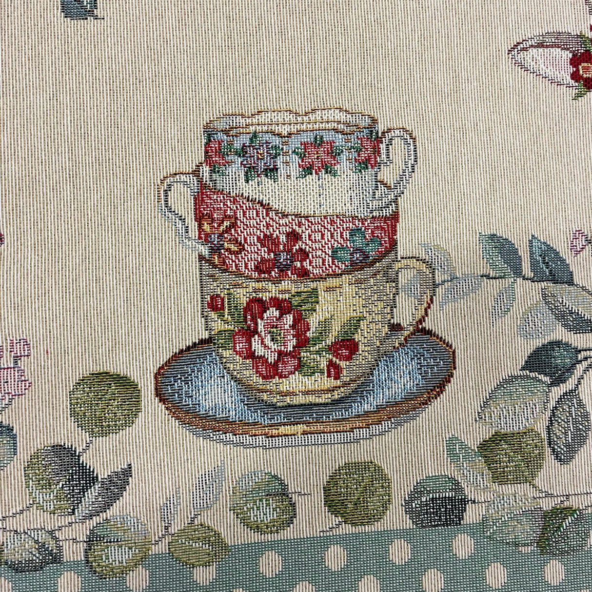 Decke Hase Blumen und Tasse mit schmalem Saum Gobelin Hase grün | Tischdecke Ostern von Wimpelberg