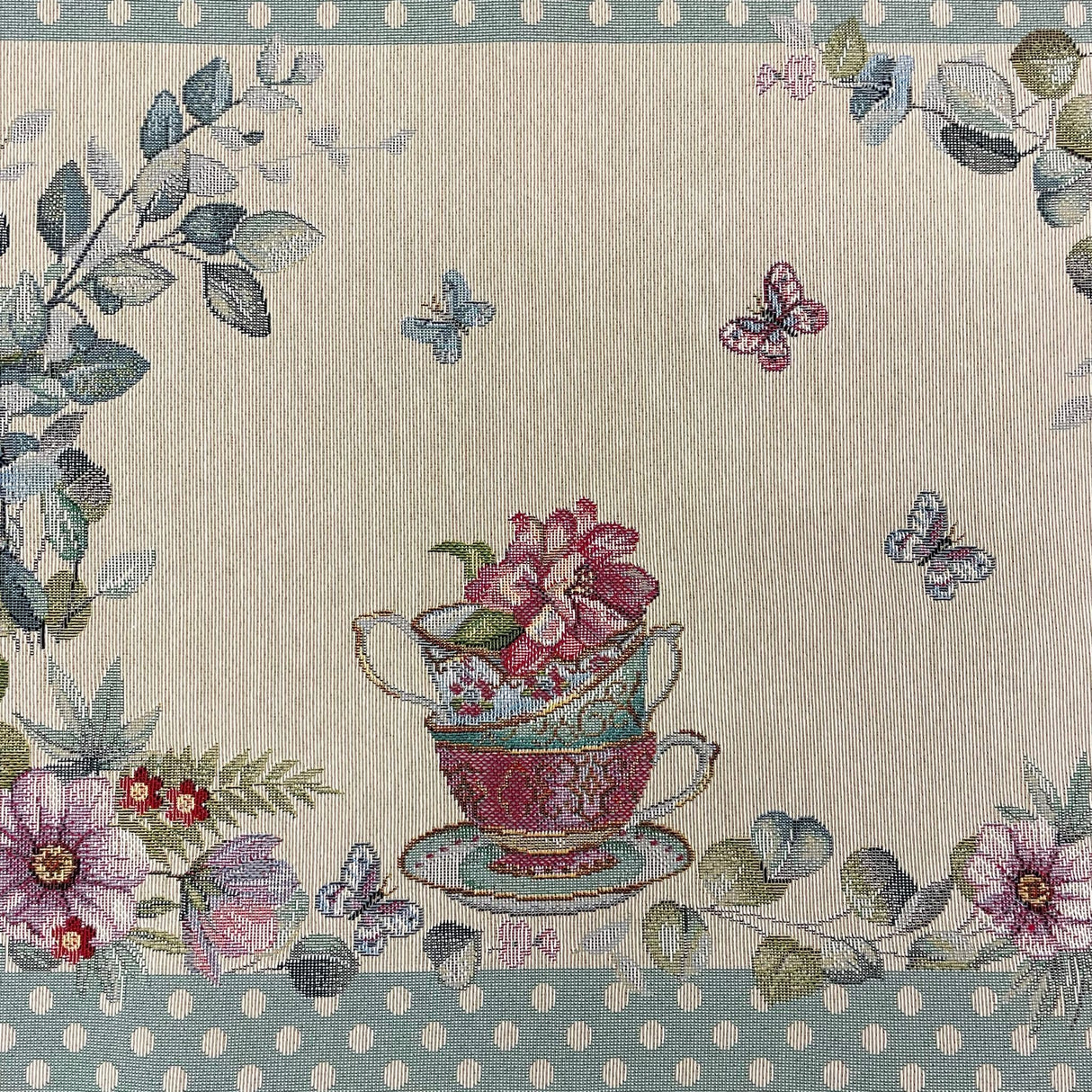 Decke Hase Blumen und Tasse mit schmalem Saum Gobelin Hase grün | Tischdecke Ostern von Wimpelberg