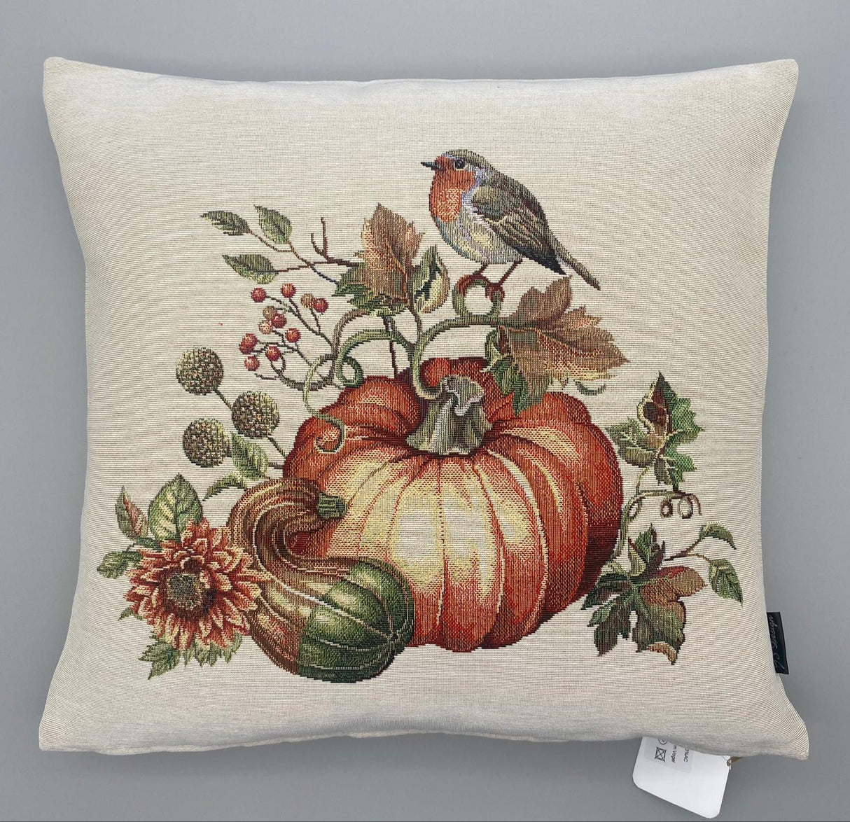Kissenhülle 45x45 cm mit Kürbis und Vogel Motiv – Gobelin | Herbstdeko Kissenhülle Herbst von Wimpelberg