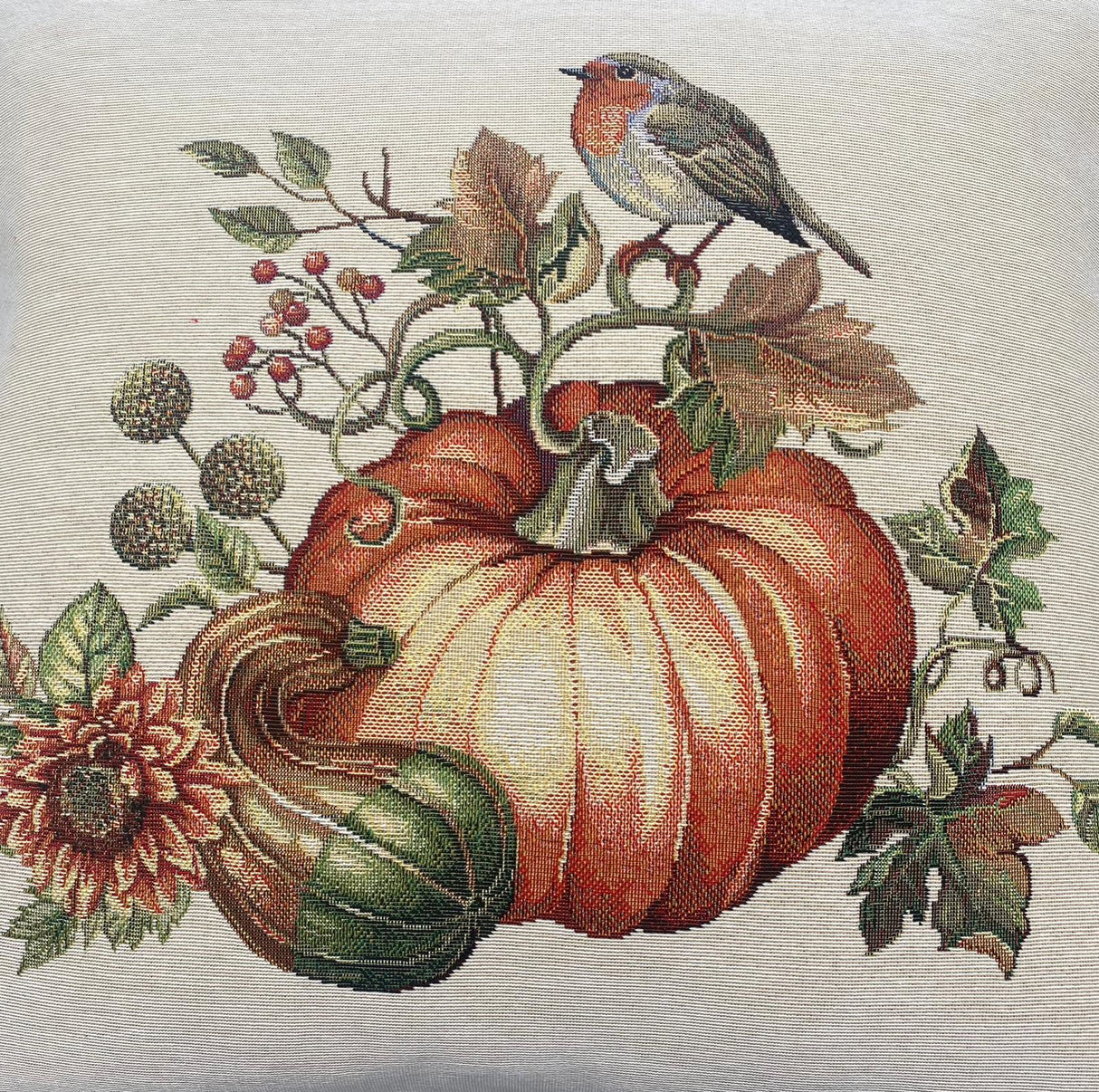 Kissenhülle 45x45 cm mit Kürbis und Vogel Motiv – Gobelin | Herbstdeko Kissenhülle Herbst von Wimpelberg