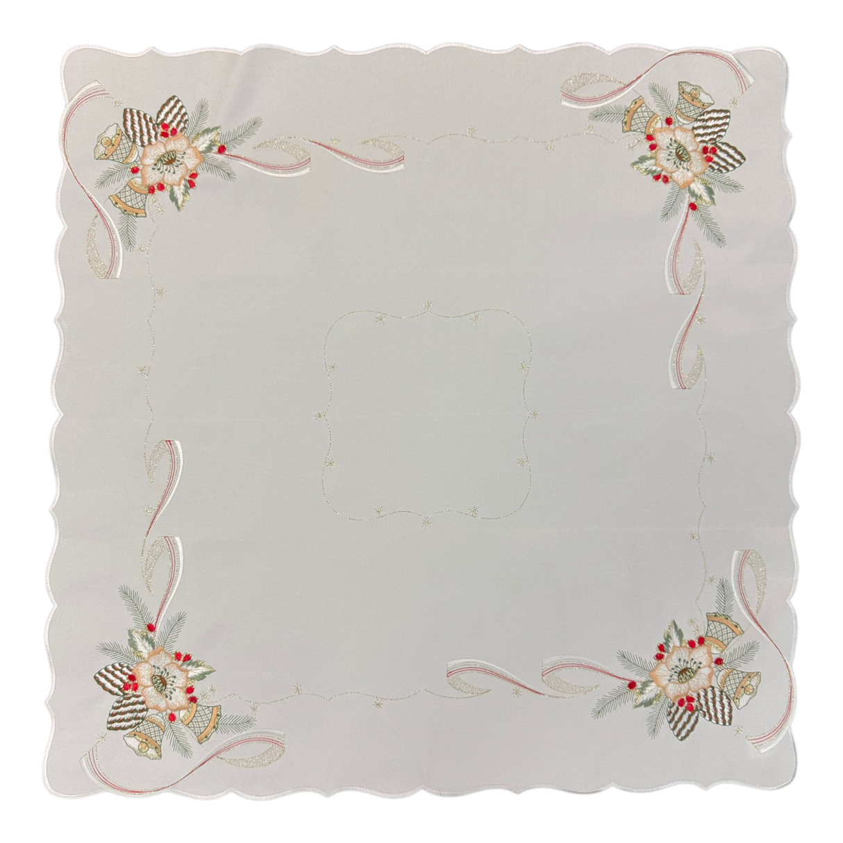 Weihnachtsdecke Plauener Spitze 85x85 cm – Creme-Grün mit Goldenen Glocken von Wimpelberg