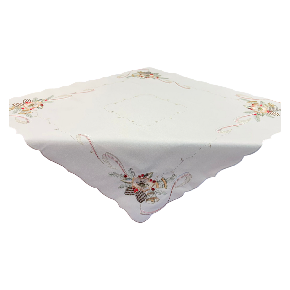 Weihnachtsdecke Plauener Spitze 85x85 cm – Creme-Grün mit Goldenen Glocken von Wimpelberg