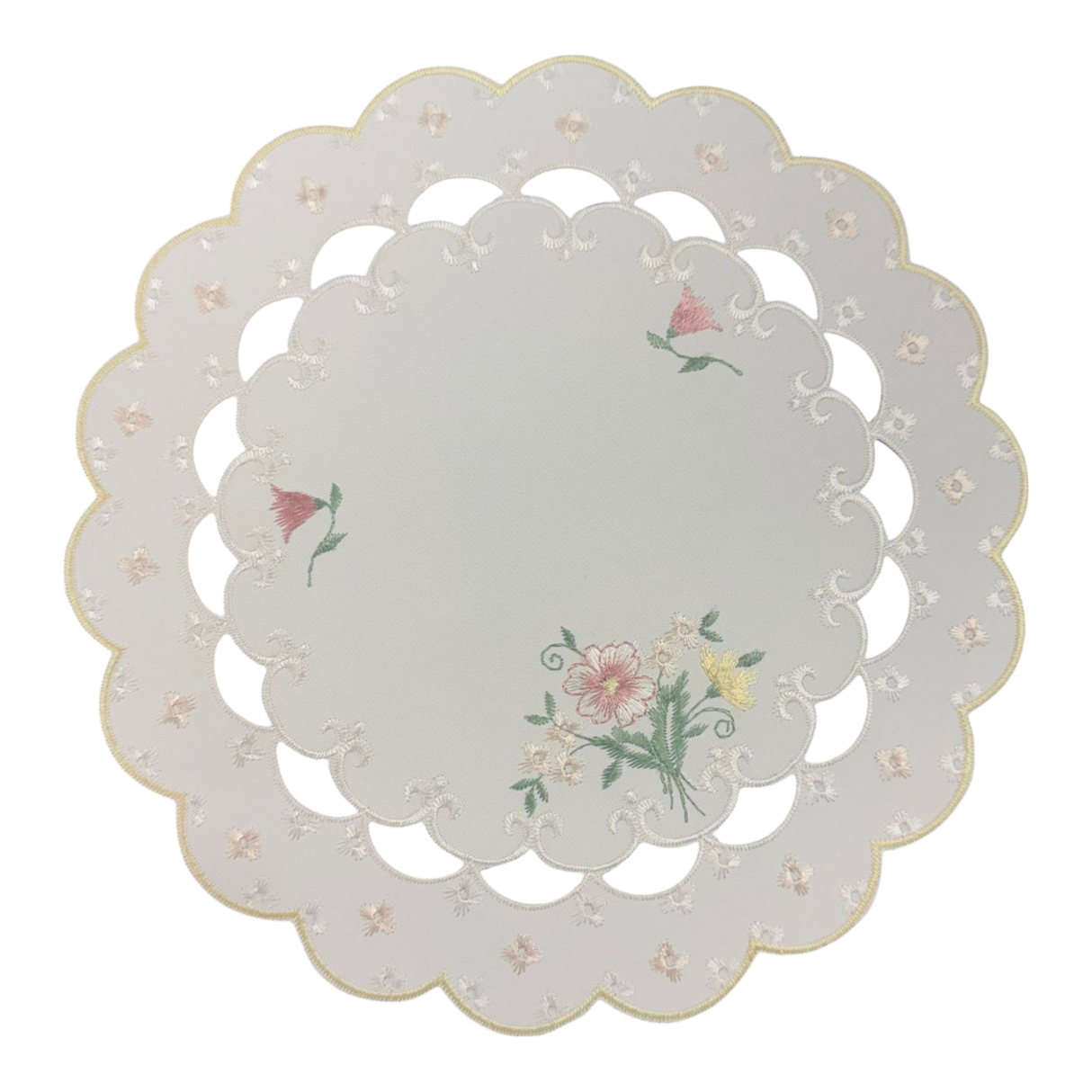 Deckchen Rund Plauener Spitze 26 cm – Creme-Rosé Blumenmuster aus Plauener Spitze von Wimpelberg