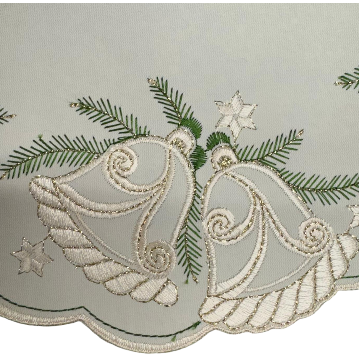 Weihnachtsdecke Plauener Spitze Satin – 100% Polyester mit Glocken von Wimpelberg