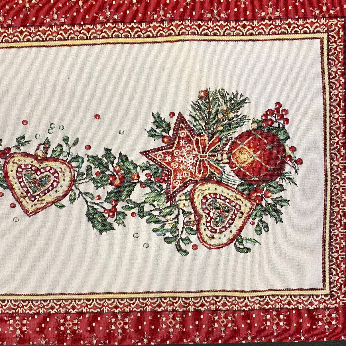 Läufer Weihnachten Gobelin Herz, Kugel und Stern | Weihnachtsläufer Deko von Wimpelberg