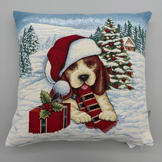 Gobelin Kissen Weihachten Kissenbezug – Hund mit Weihnachtsmütze 45x45   von Wimpelberg