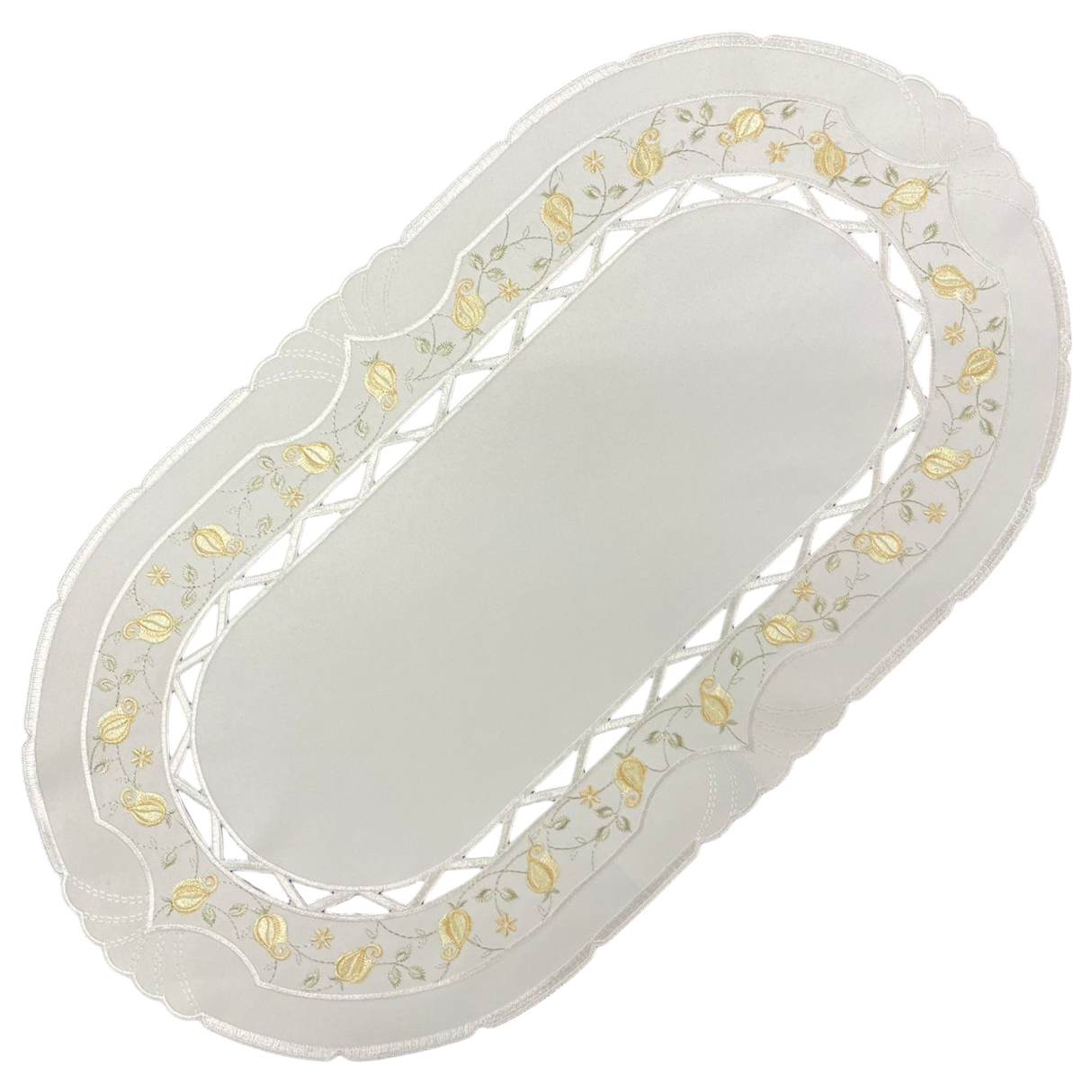 Tischläufer Plauener Spitze 30x55cm oval creme-gelb | Blumenmotiv   von Wimpelberg