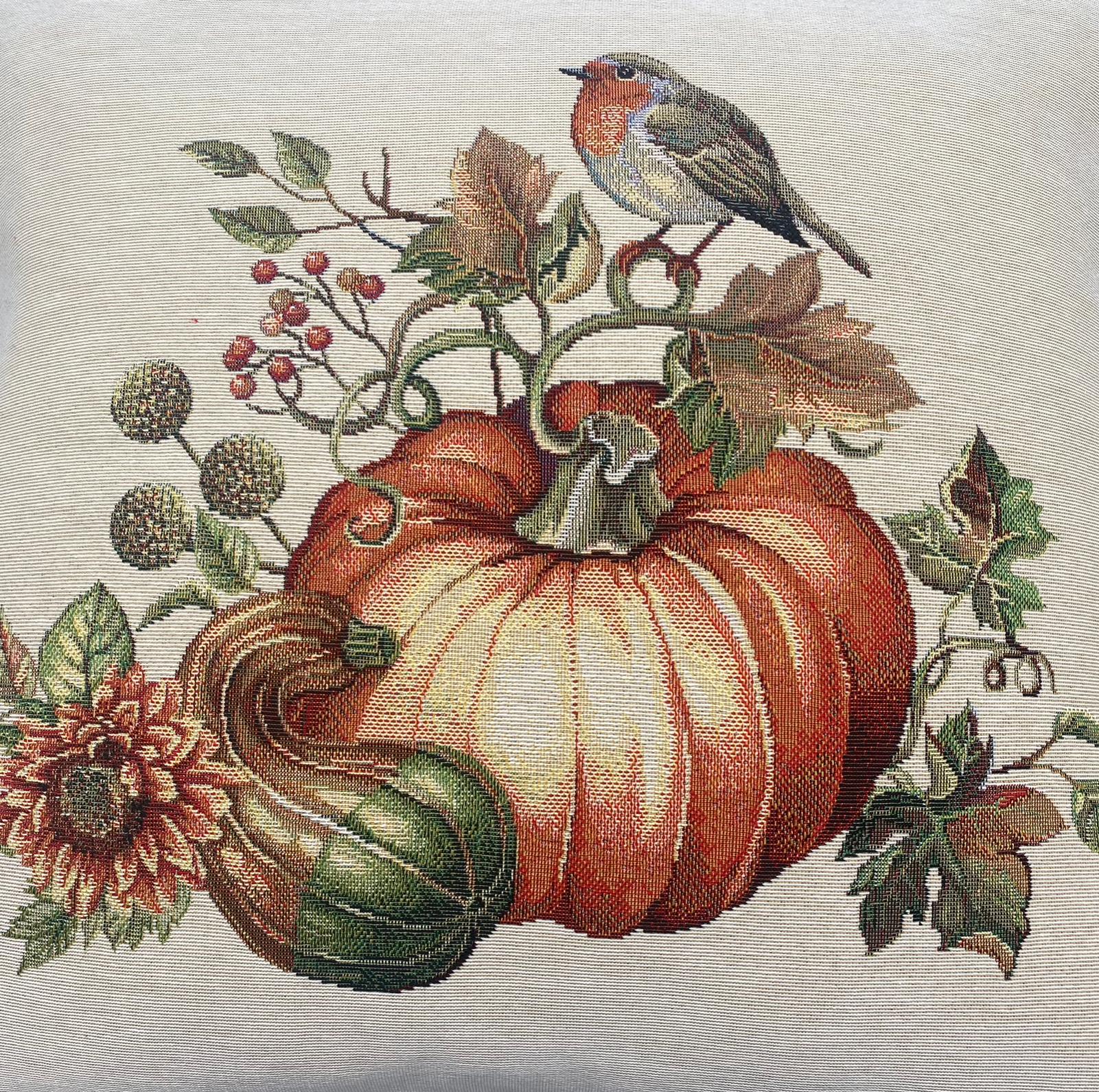 Kissenhülle 45x45 cm mit Kürbis und Vogel Motiv – Gobelin | Herbstdeko Kissenhülle Herbst   von Wimpelberg