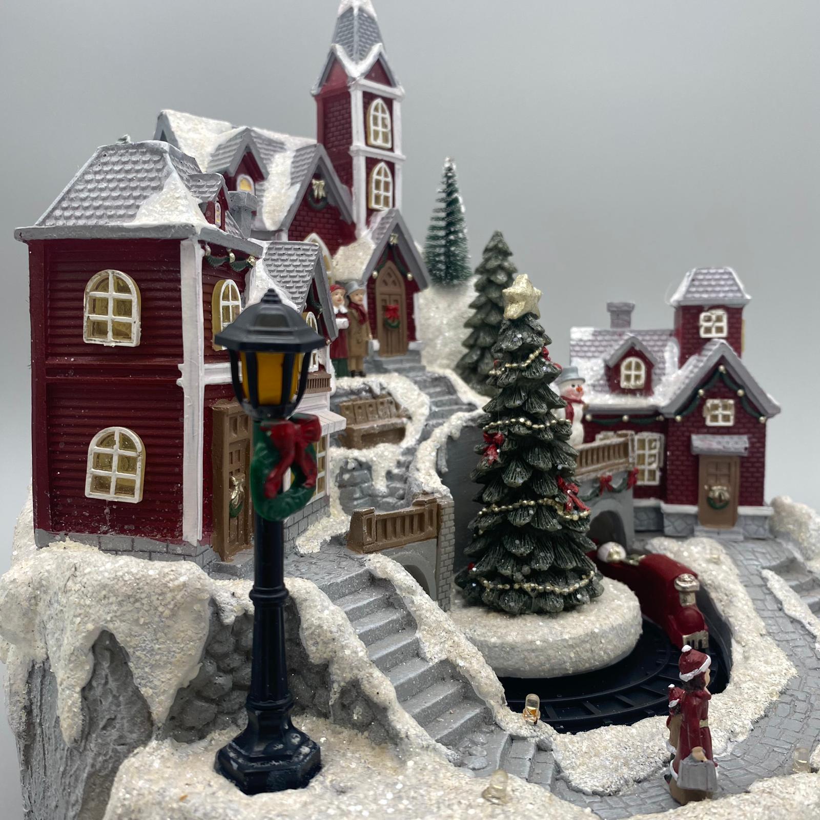 Deko Spieluhr Winterlandschaft – 28x28 cm mit LED-Licht und drehbarer Eisenbahn   von Wimpelberg