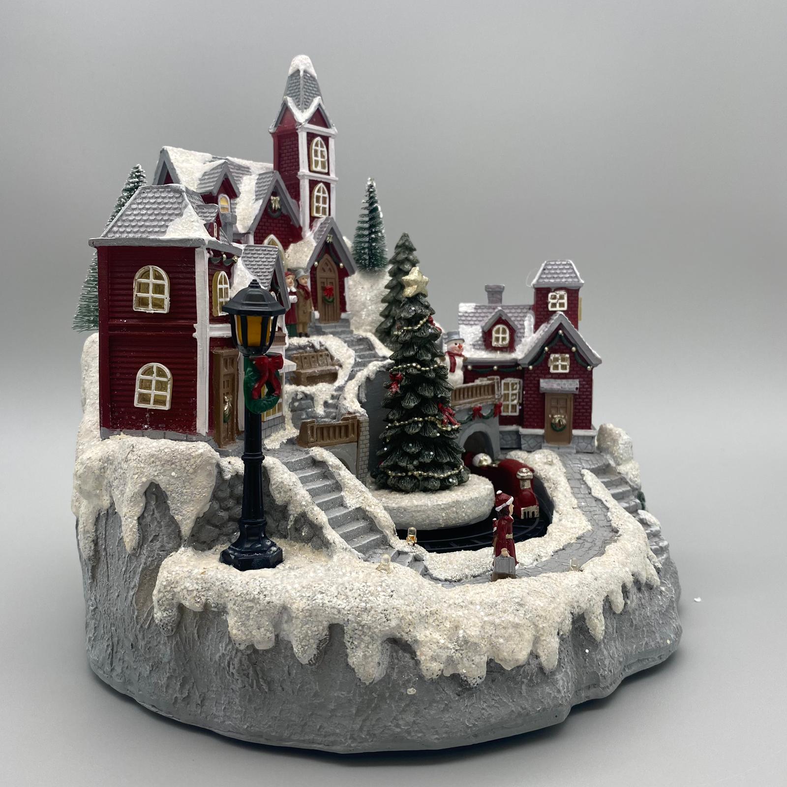 Deko Spieluhr Winterlandschaft – 28x28 cm mit LED-Licht und drehbarer Eisenbahn   von Wimpelberg