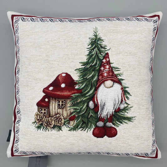 Kissenhülle Weihnachten 45x45 cm – Gobelin Weihnachten Wichtel mit Pilz   von Wimpelberg