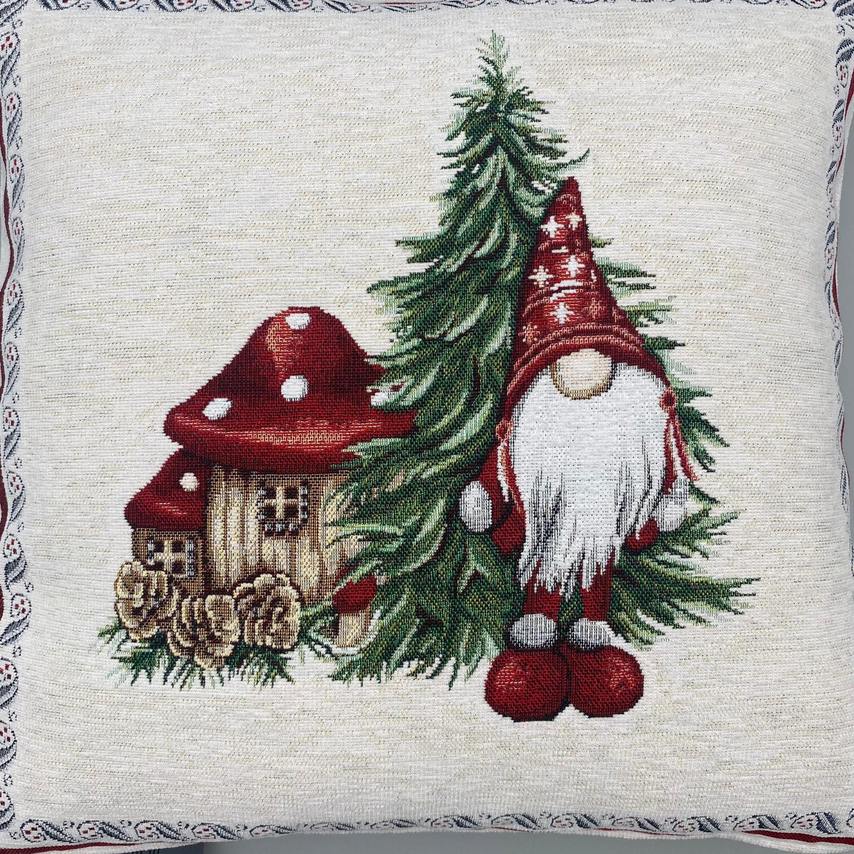 Kissenhülle Weihnachten 45x45 cm – Gobelin Weihnachten Wichtel mit Pilz   von Wimpelberg