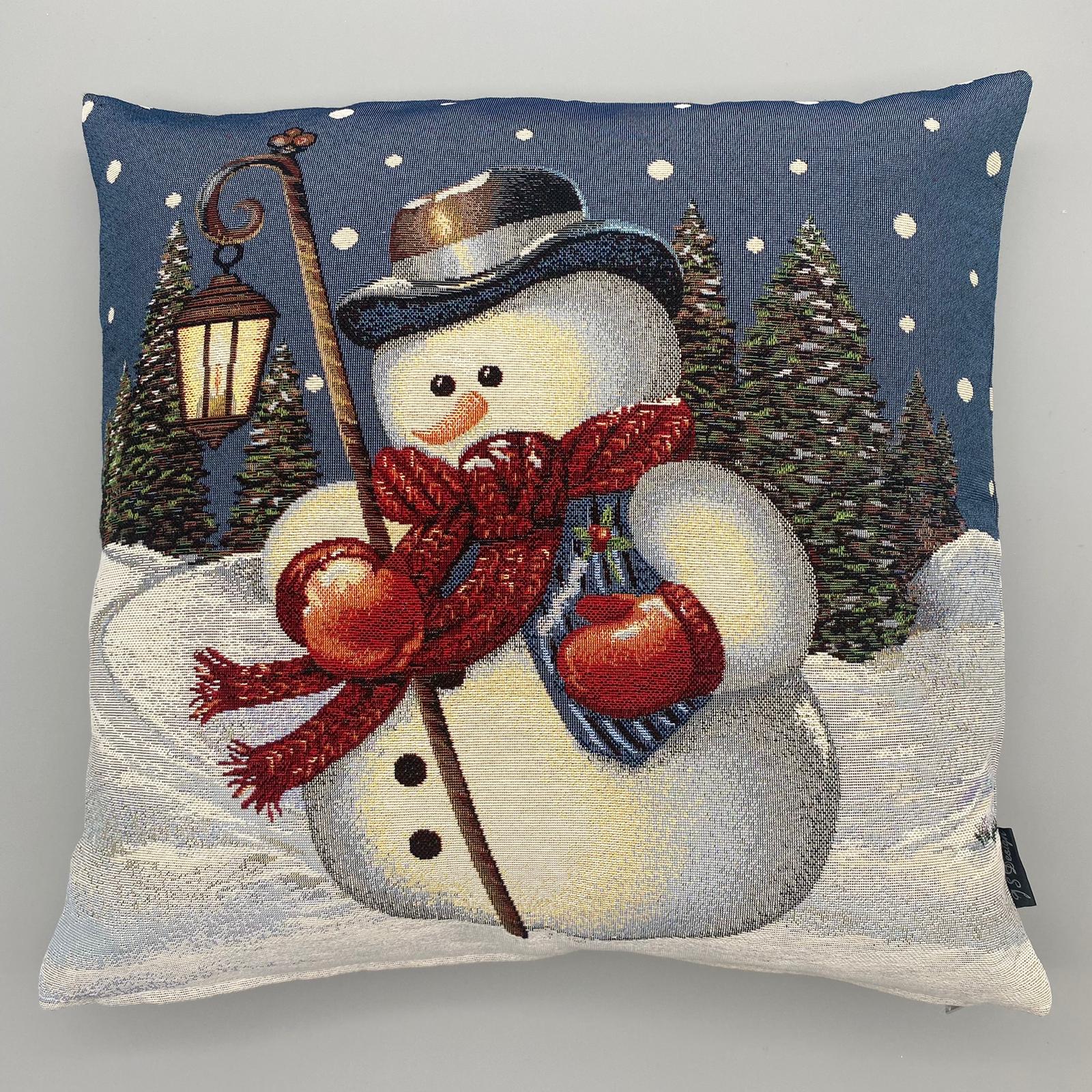 Kissenhülle Winter 45x45 – Schneemann mit Laterne | Kissenbezug Winter   von Wimpelberg