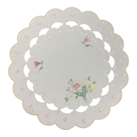 Deckchen Rund Plauener Spitze 26 cm – Creme-Rosé Blumenmuster aus Plauener Spitze   von Wimpelberg