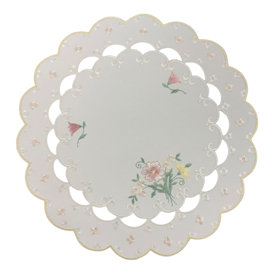 Runde Decke 26 cm – Creme-Rosé Blumenmuster aus Plauener Spitze   von Wimpelberg